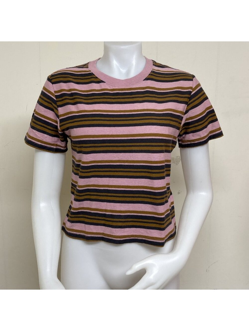 BDG Striped Crop Top Short Sleeve Crew Neck T Shirt Womens L Rose Mustard Gray